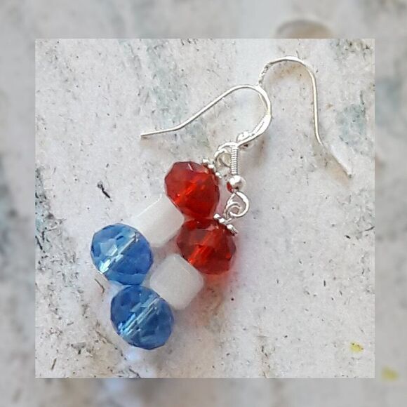Boho Earrings 420# NEW artisan Red White Blue July 4th Silver Hooks 925Stamp - Picture 2 of 4